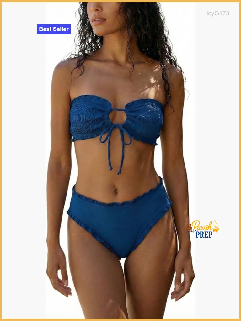 Ruffle Bikini Set 2 Piece Smocked Bandeau High Waisted Bottom Cheeky Coverage